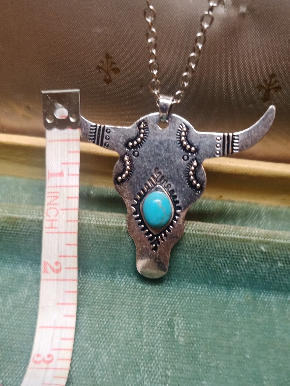 Turquoise Stone Bull Skull Pendant Necklace - Silver Tone - Picture 3 of 4